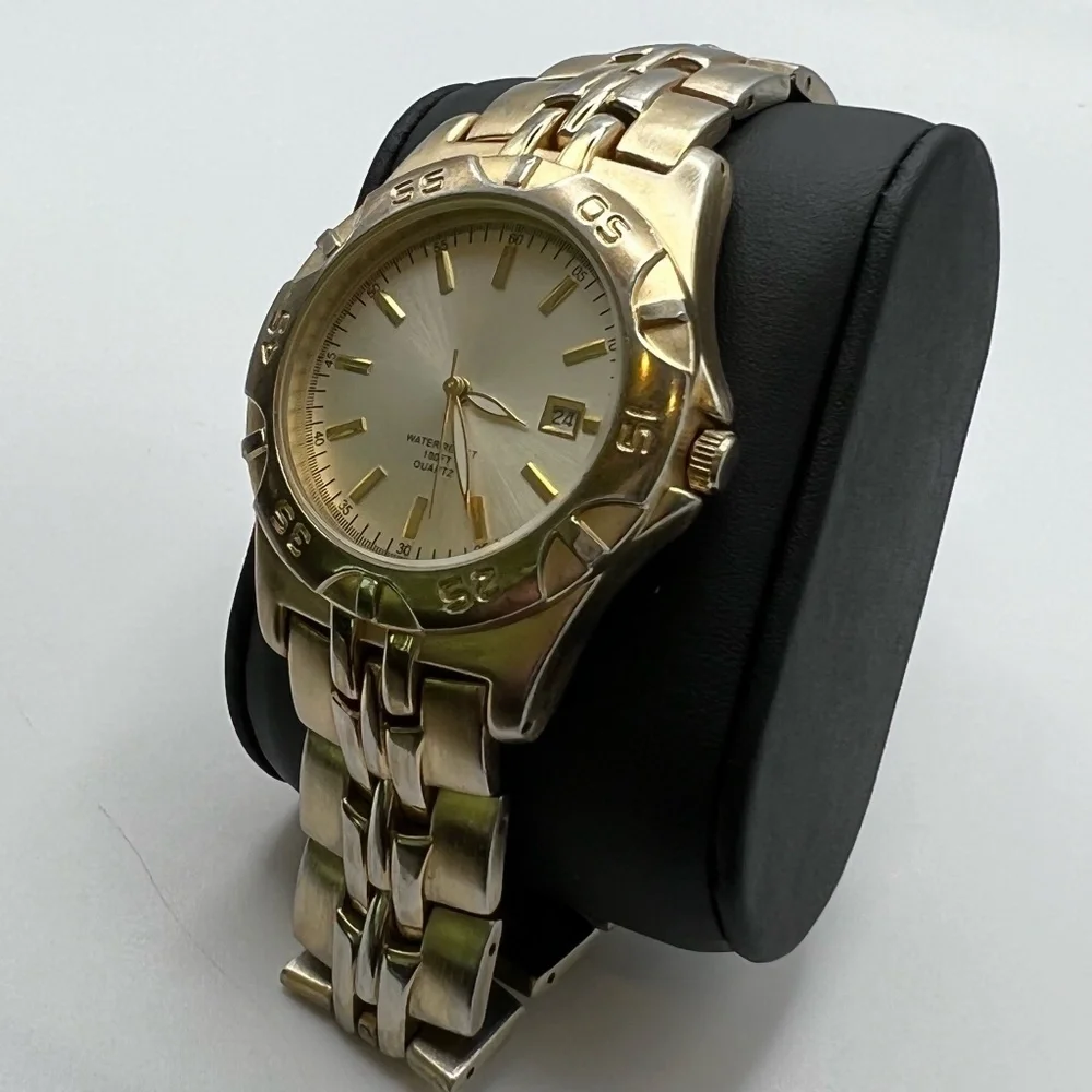 Water Resistant Mens Watch Two Tone Metal Link Bracelet Watch Working